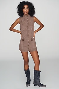 Pilcro Sleeveless Funnel-Neck Denim Romper