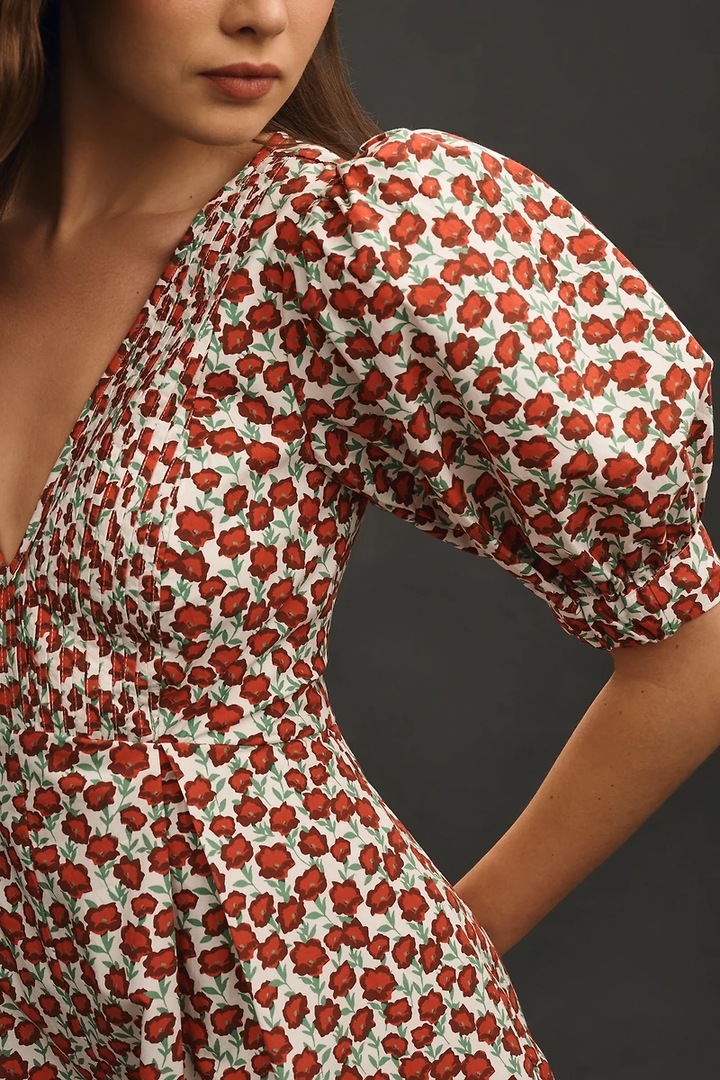 Maeve Puff-Sleeve V-Neck Pintuck Romper