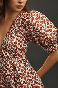 Maeve Puff-Sleeve V-Neck Pintuck Romper