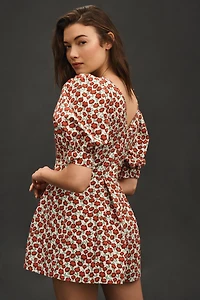 Maeve Puff-Sleeve V-Neck Pintuck Romper