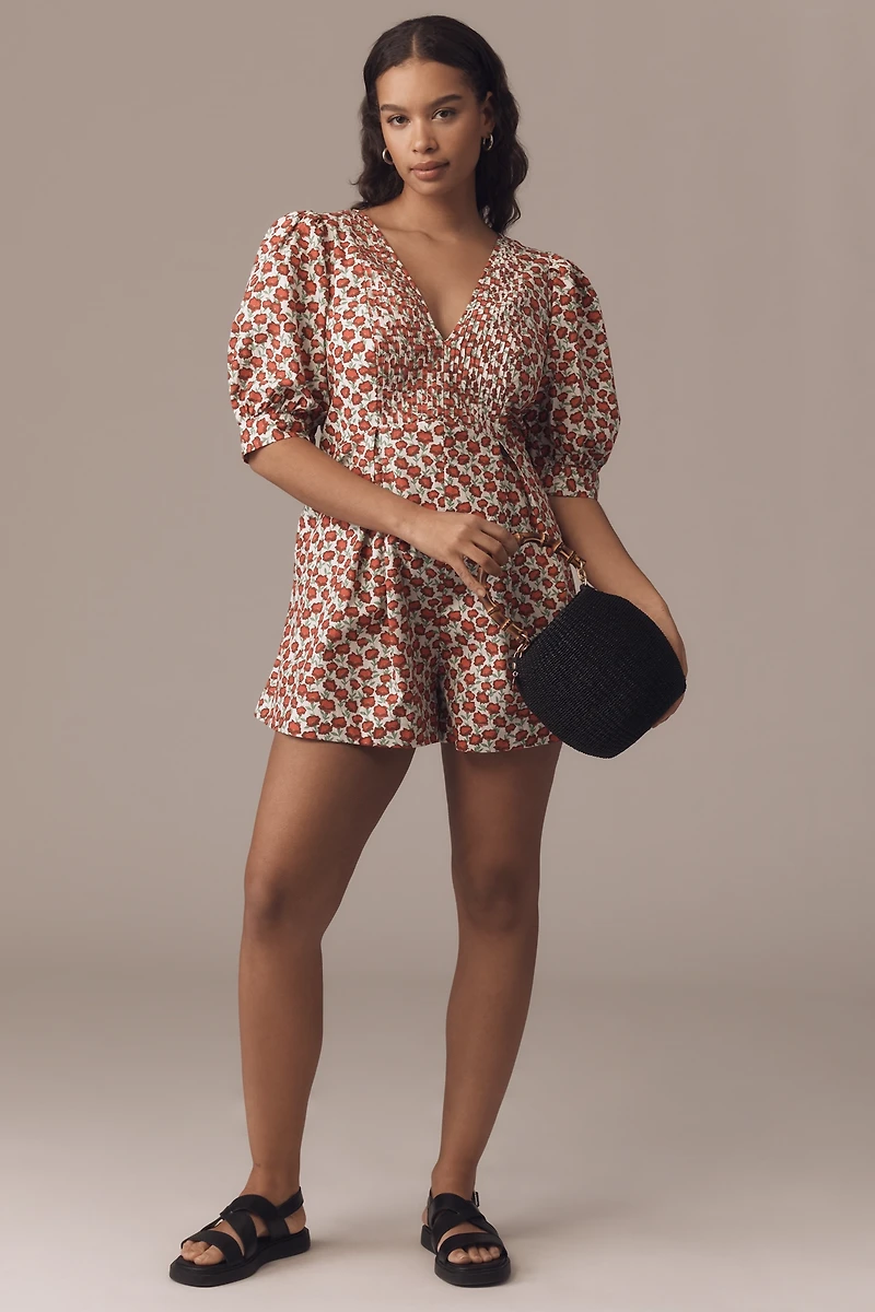 Maeve Puff-Sleeve V-Neck Pintuck Romper