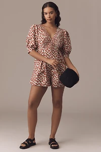 Maeve Puff-Sleeve V-Neck Pintuck Romper