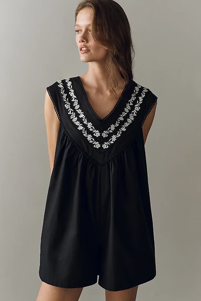 By Anthropologie 100% Cotton V-Neck Yoke Romper