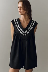 By Anthropologie 100% Cotton V-Neck Yoke Romper