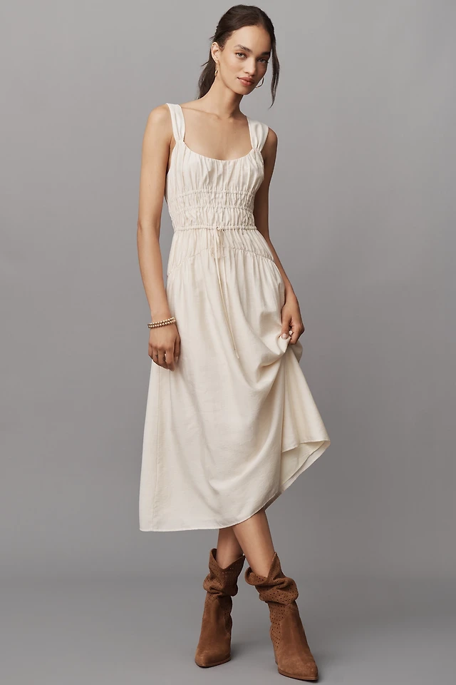 paige linen dress PAIGE Arpeggio Linen Blend Smocked Midi Dress at MarketFair Shoppes in  Princeton, NJ