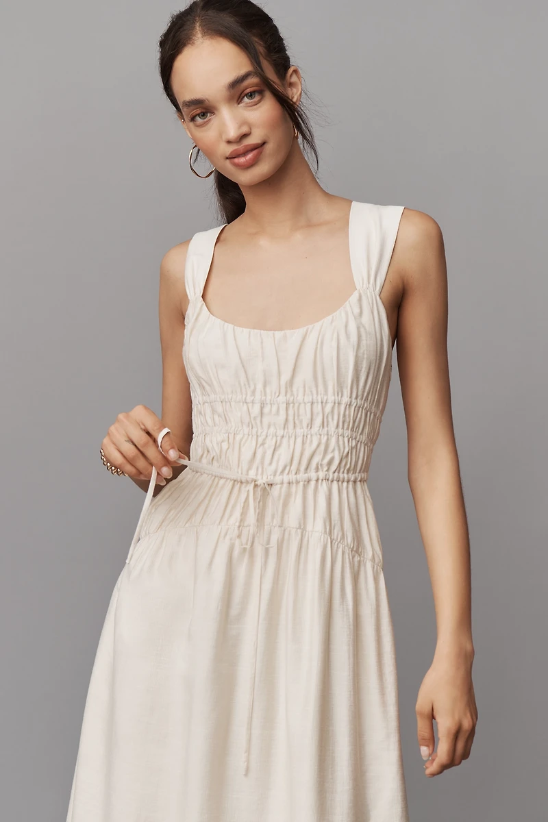PAIGE Arpeggio Linen Blend Smocked Midi Dress