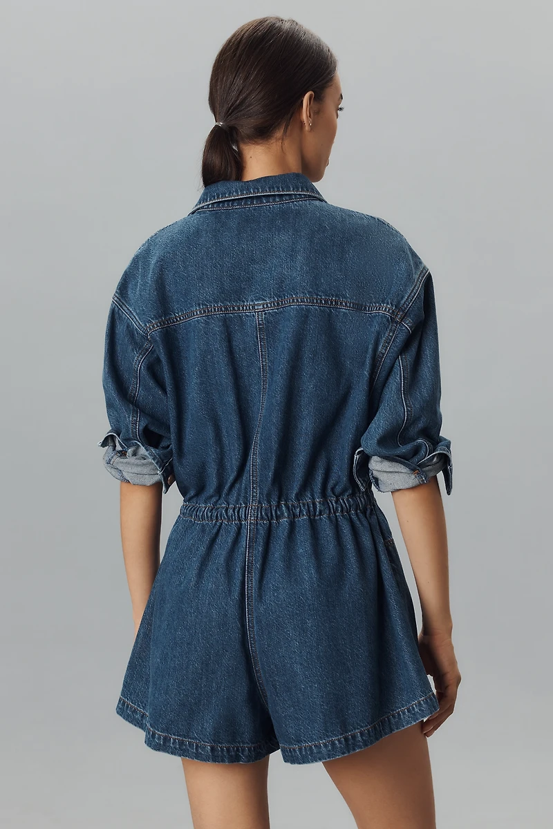 PAIGE Madigan Long-Sleeve Collared Denim Romper
