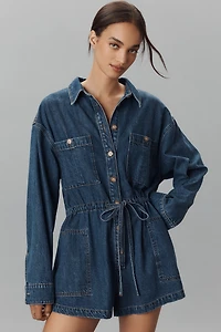 PAIGE Madigan Long-Sleeve Collared Denim Romper