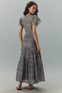 PAIGE Kinga Silk Blend Flutter-Sleeve Tiered Maxi Dress