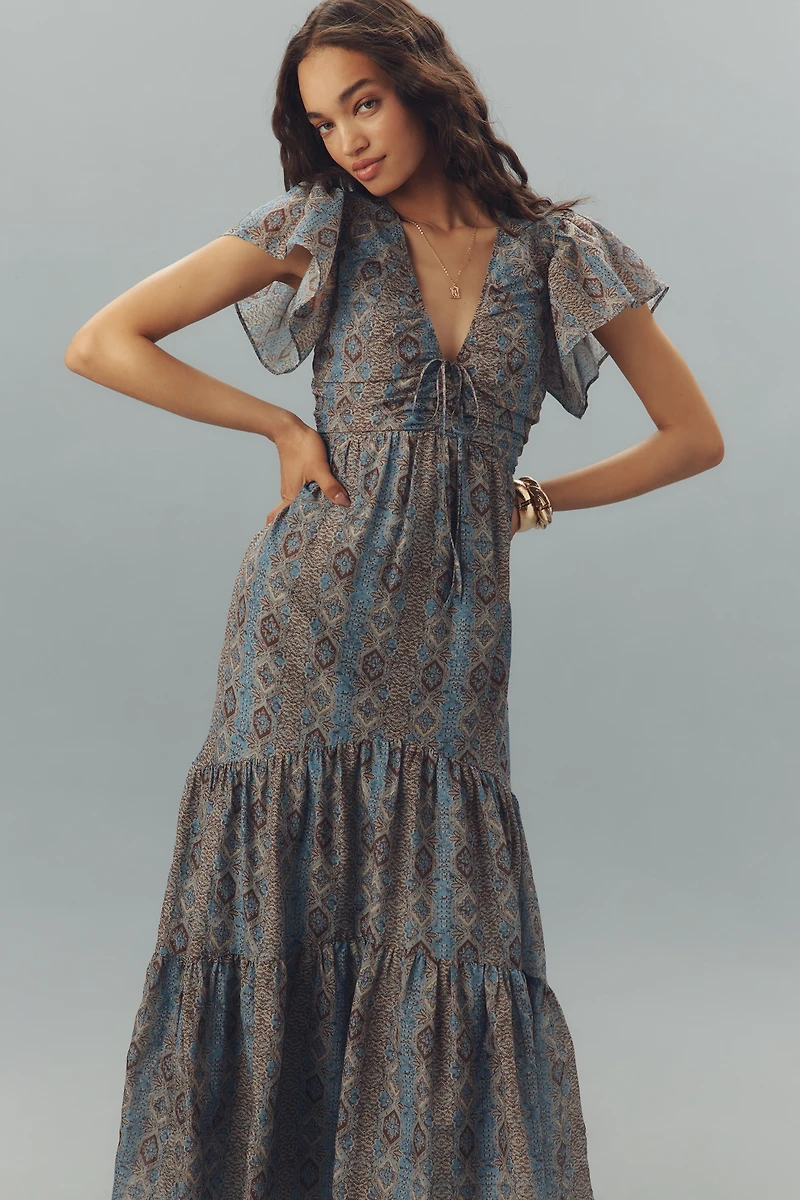 PAIGE Kinga Silk Blend Flutter-Sleeve Tiered Maxi Dress