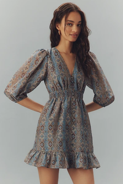 PAIGE Ophelie Silk Blend Puff-Sleeve V-Neck Mini Dress