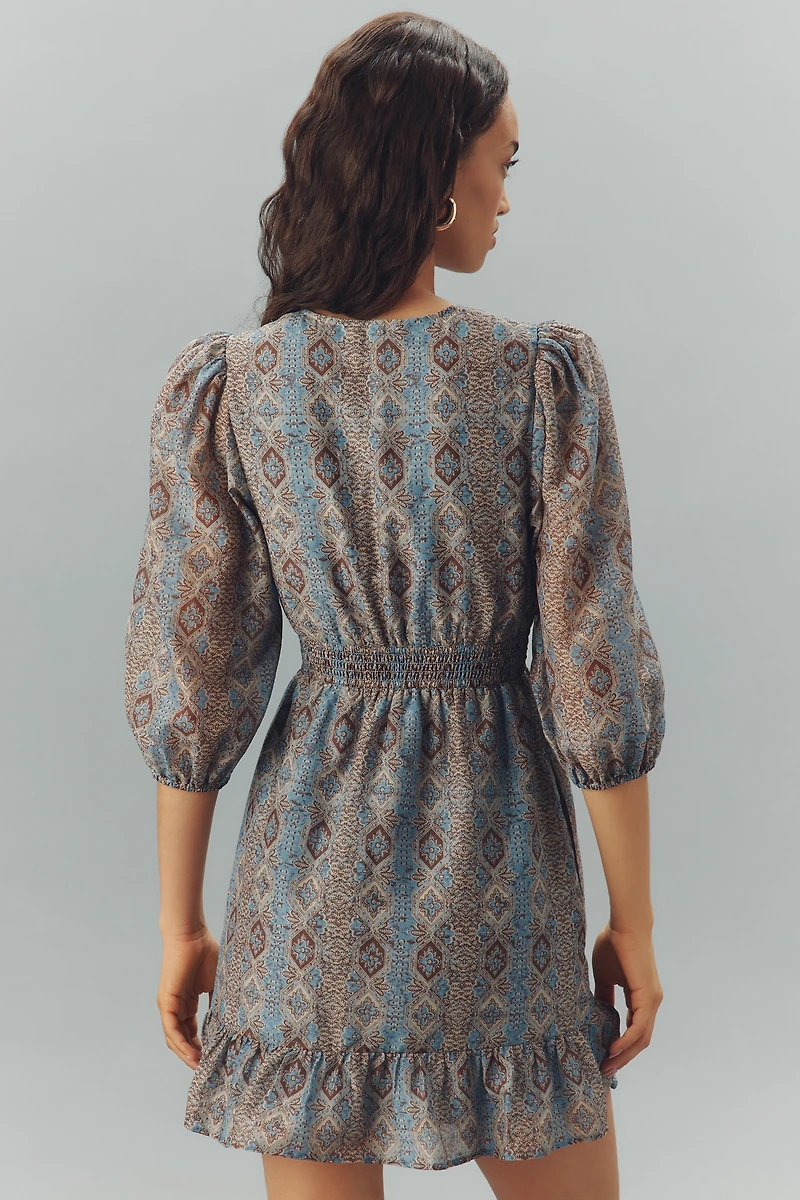 PAIGE Ophelie Silk Blend Puff-Sleeve V-Neck Mini Dress
