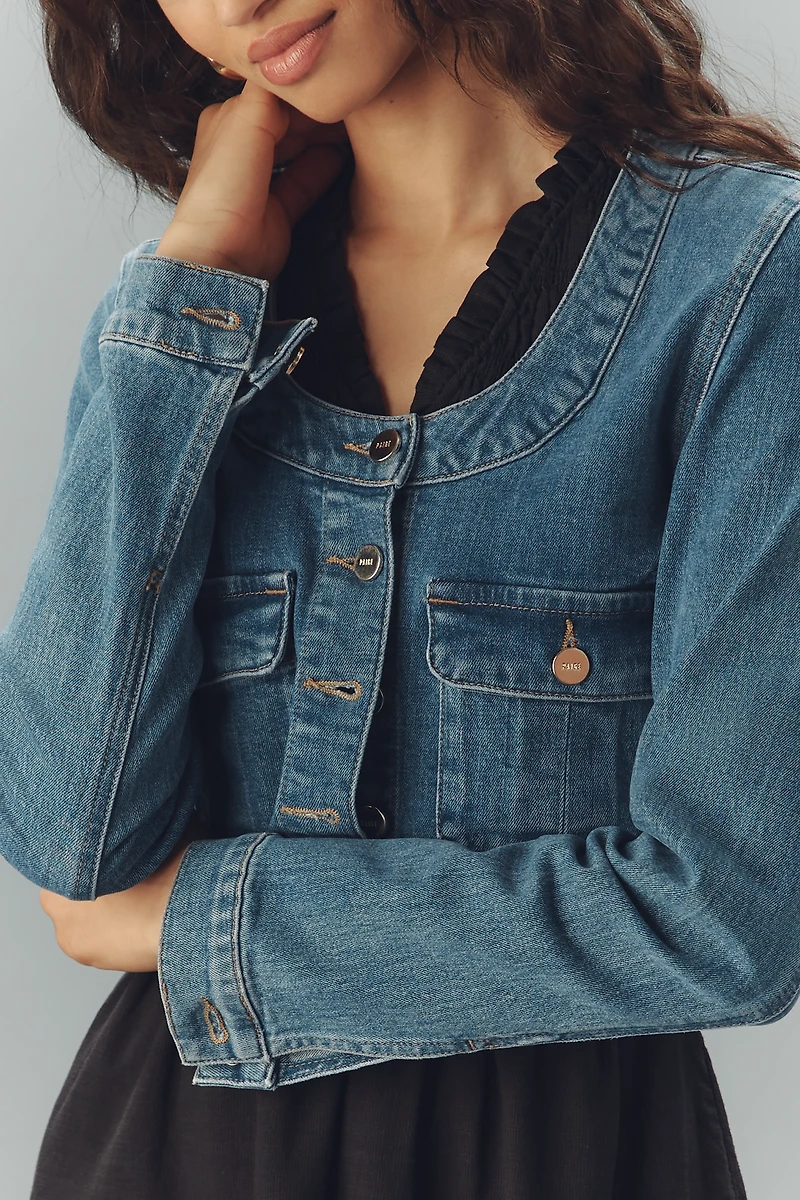 PAIGE Kiara Collarless Scoop-Neck Crop Denim Jacket