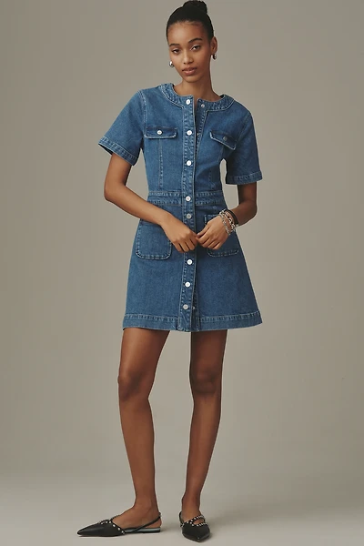 PAIGE Kiya Short-Sleeve A-Line Denim Mini Dress