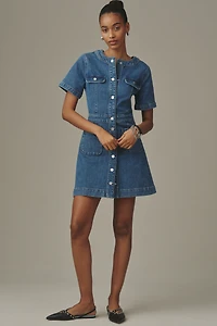 PAIGE Kiya Short-Sleeve A-Line Denim Mini Dress
