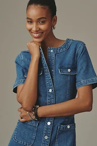 PAIGE Kiya Short-Sleeve A-Line Denim Mini Dress