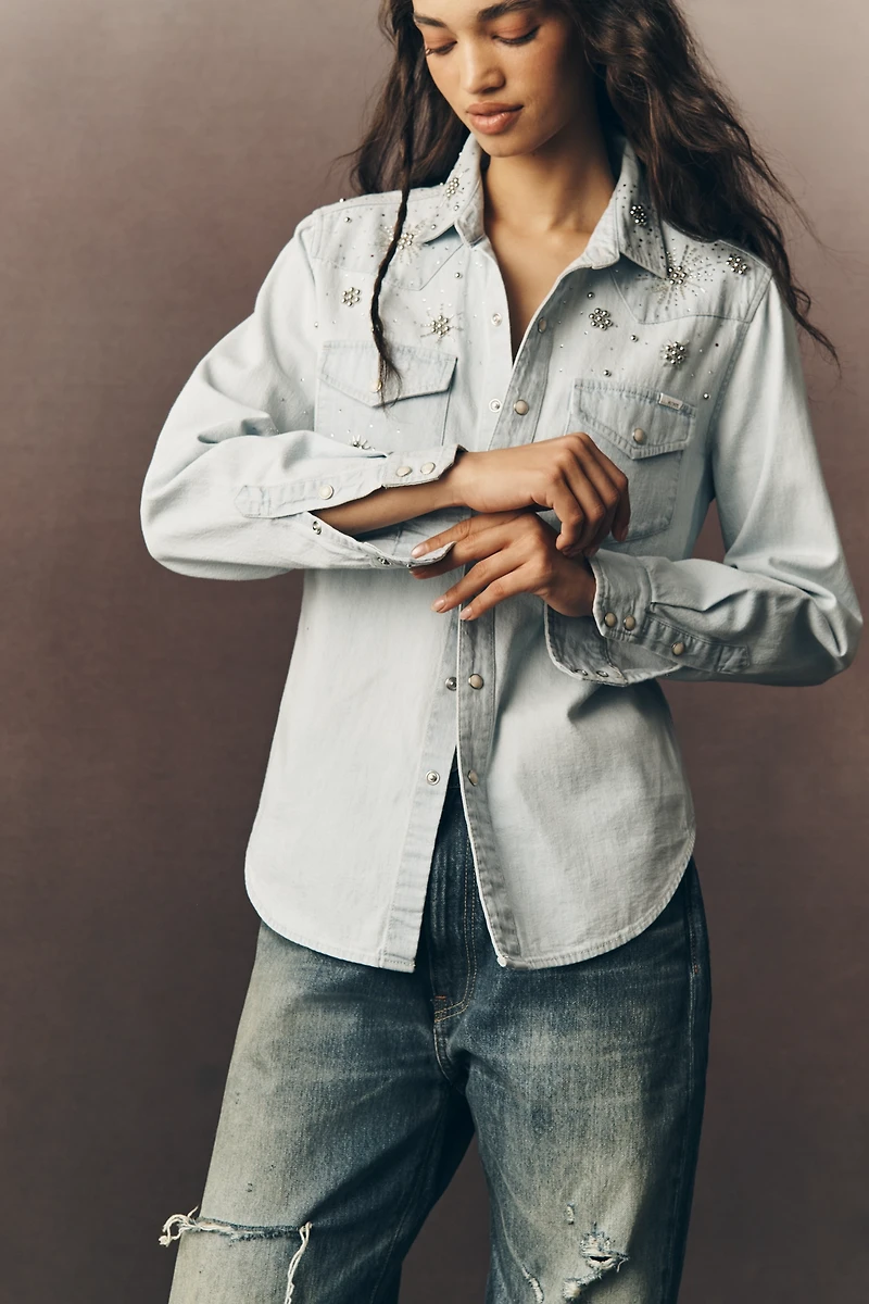 MOTHER All My Exes Embellished Denim Buttondown Shirt
