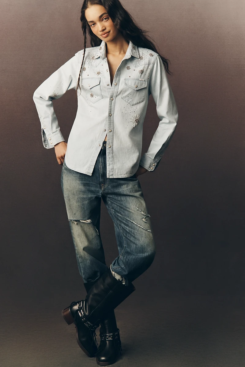 MOTHER All My Exes Embellished Denim Buttondown Shirt