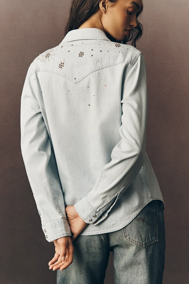 MOTHER All My Exes Embellished Denim Buttondown Shirt