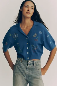 MOTHER The Boxy Raquette Short-Sleeve Wool Cardigan