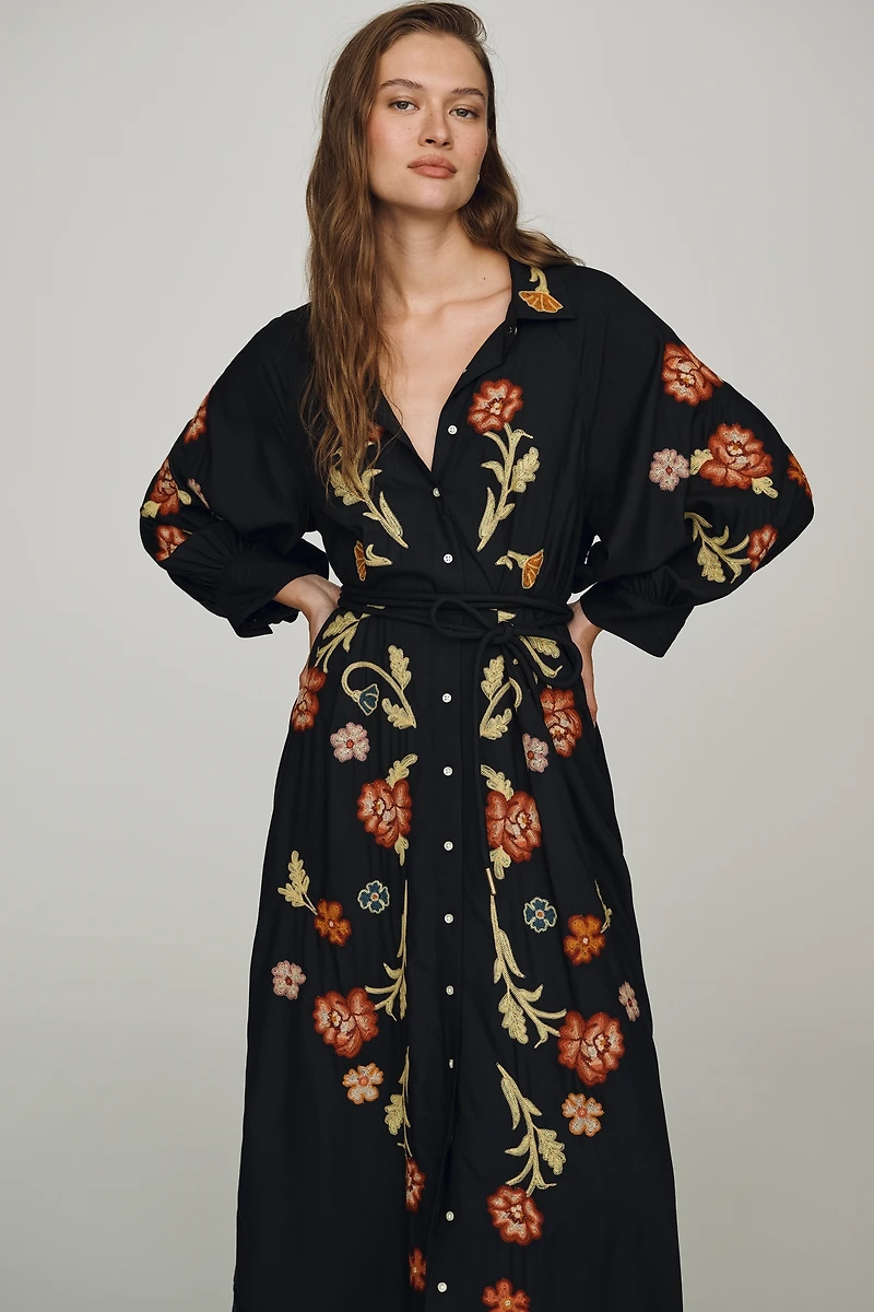 THE GREAT. Embroidered Midi Dress