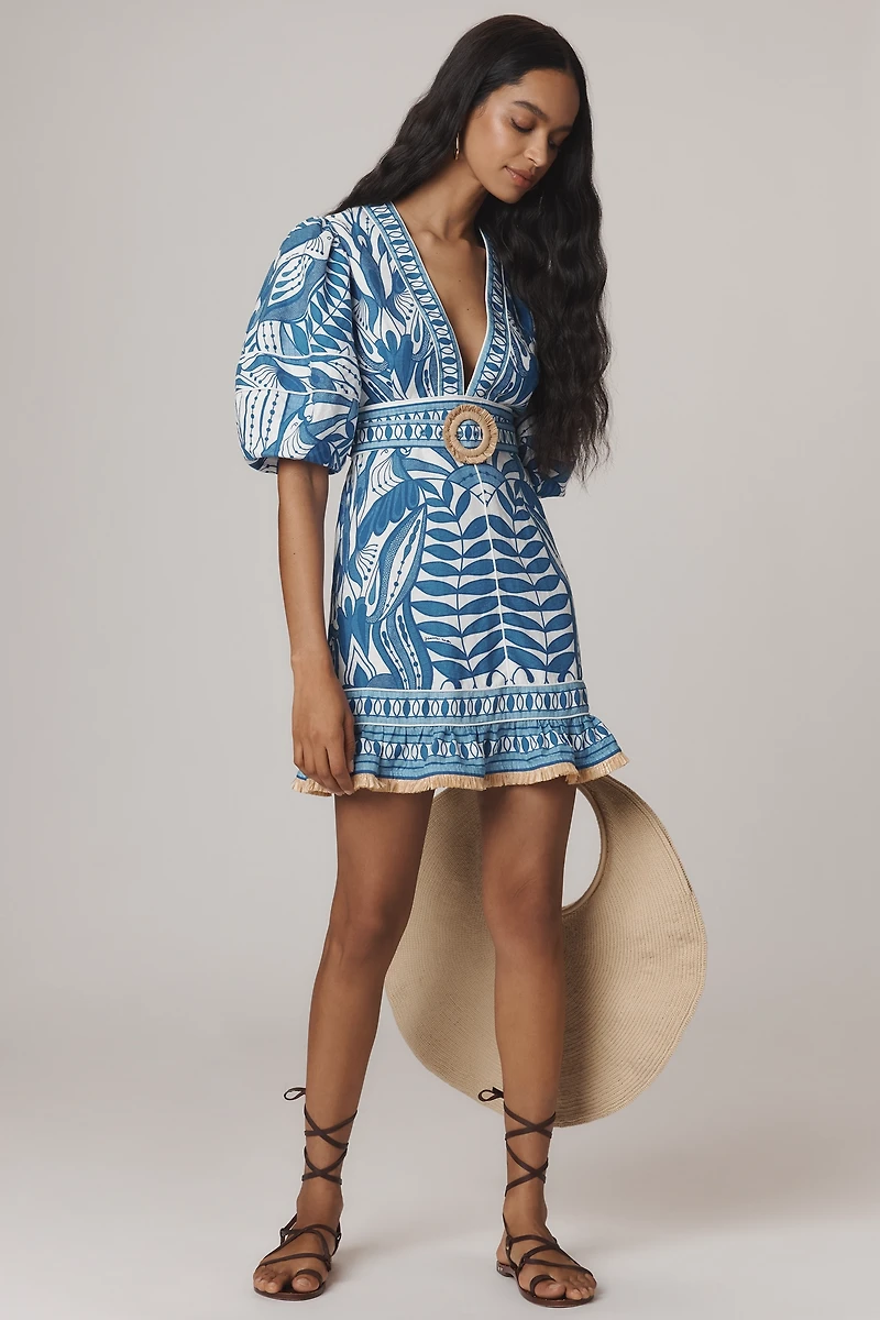 Farm Rio Linen Blend Lace Nature Puff-Sleeve V-Neck Belted Mini Dress