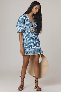 Farm Rio Linen Blend Lace Nature Puff-Sleeve V-Neck Belted Mini Dress