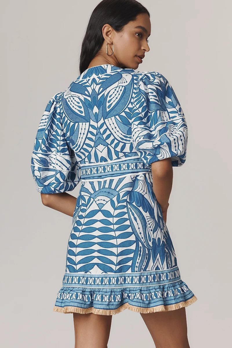 Farm Rio Linen Blend Lace Nature Puff-Sleeve V-Neck Belted Mini Dress