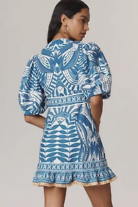 Farm Rio Linen Blend Lace Nature Puff-Sleeve V-Neck Belted Mini Dress