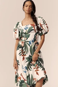 Farm Rio Midnight Macaw Fiesta Linen Blend Puff-Sleeve Midi Dress