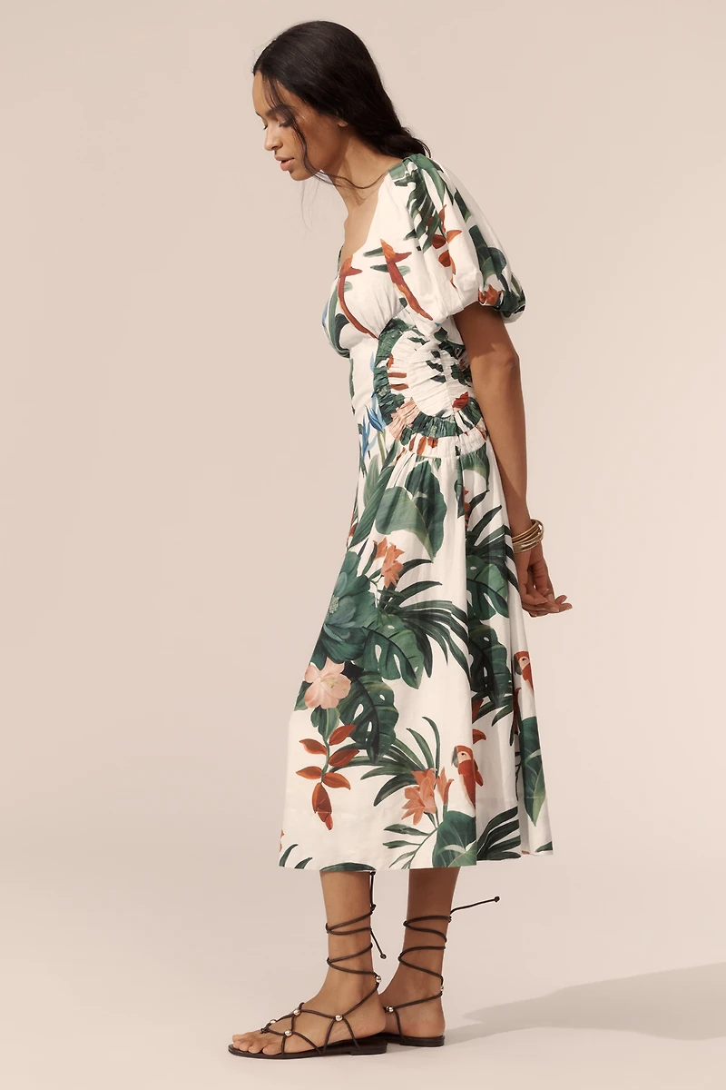 Farm Rio Midnight Macaw Fiesta Linen Blend Puff-Sleeve Midi Dress