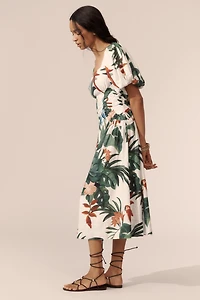 Farm Rio Midnight Macaw Fiesta Linen Blend Puff-Sleeve Midi Dress