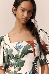 Farm Rio Midnight Macaw Fiesta Linen Blend Puff-Sleeve Midi Dress