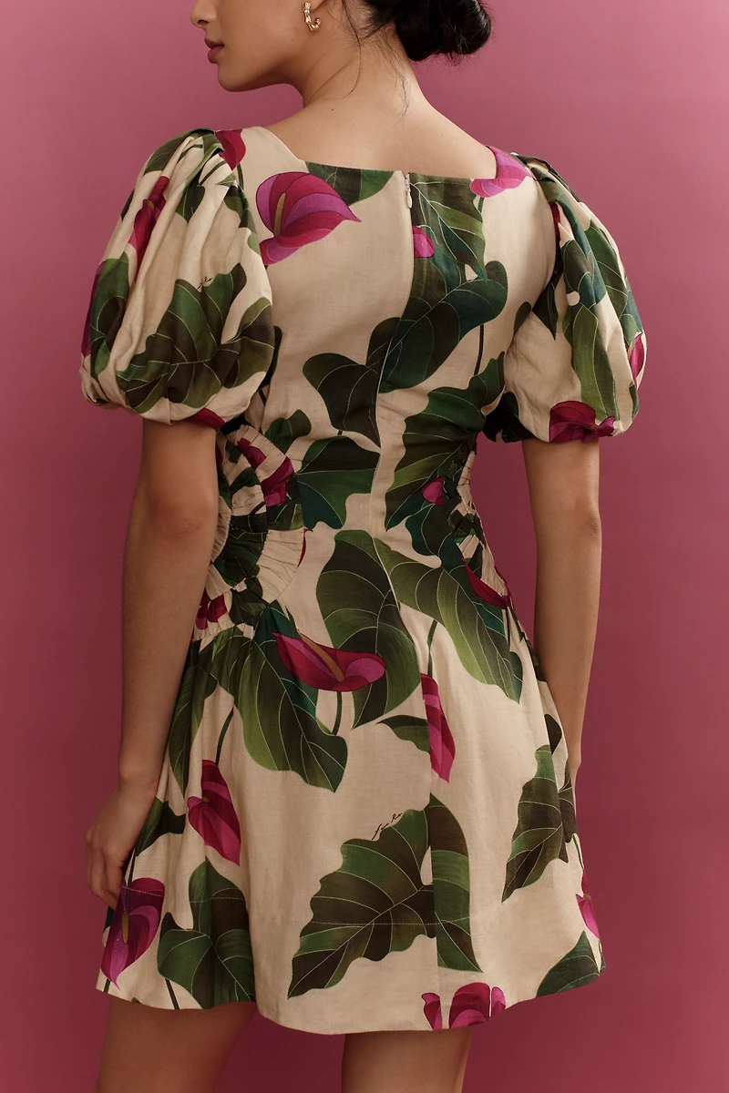 Farm Rio Anthurium Leaves Linen Blend Short-Sleeve Square-Neck Mini Dress