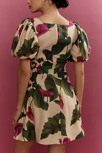Farm Rio Anthurium Leaves Linen Blend Short-Sleeve Square-Neck Mini Dress