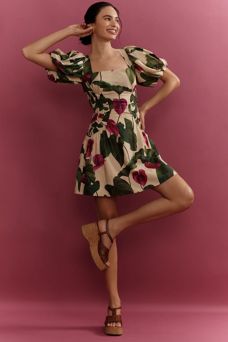 Farm Rio Anthurium Leaves Linen Blend Short-Sleeve Square-Neck Mini Dress