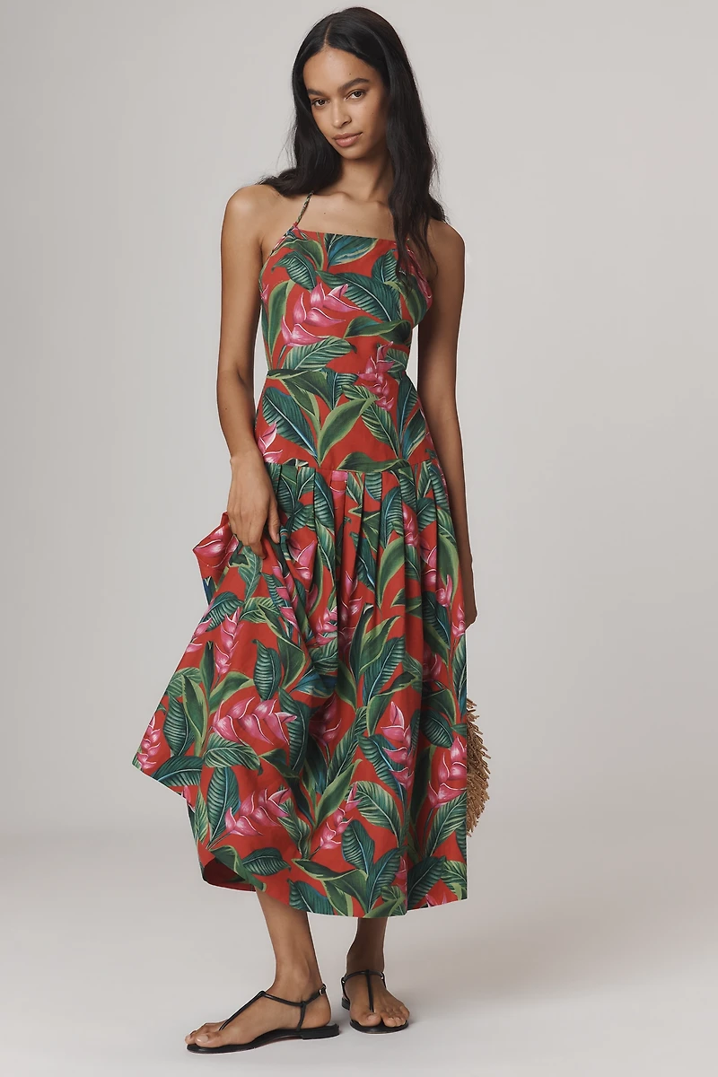 Farm Rio Linen Blend Dream Garden Strappy Drop-Waist Midi Dress