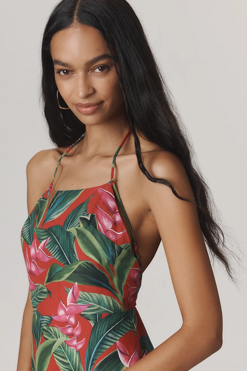 Farm Rio Linen Blend Dream Garden Strappy Drop-Waist Midi Dress