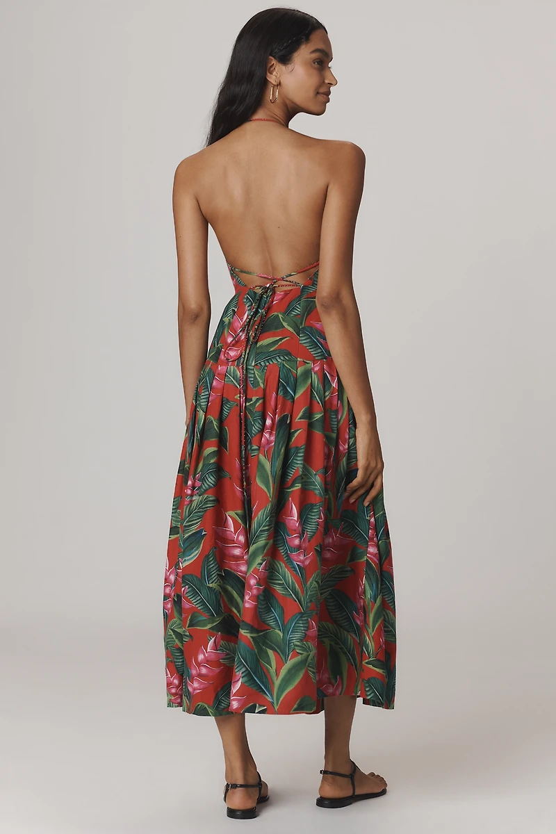 Farm Rio Linen Blend Dream Garden Strappy Drop-Waist Midi Dress