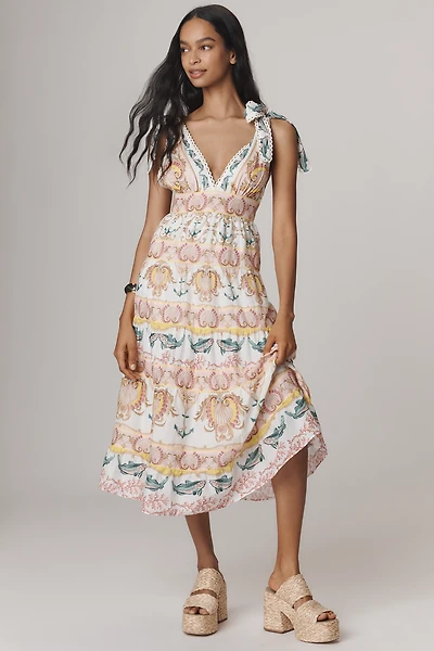 Farm Rio Maritime Magic Tie-Strap V-Neck Midi Dress
