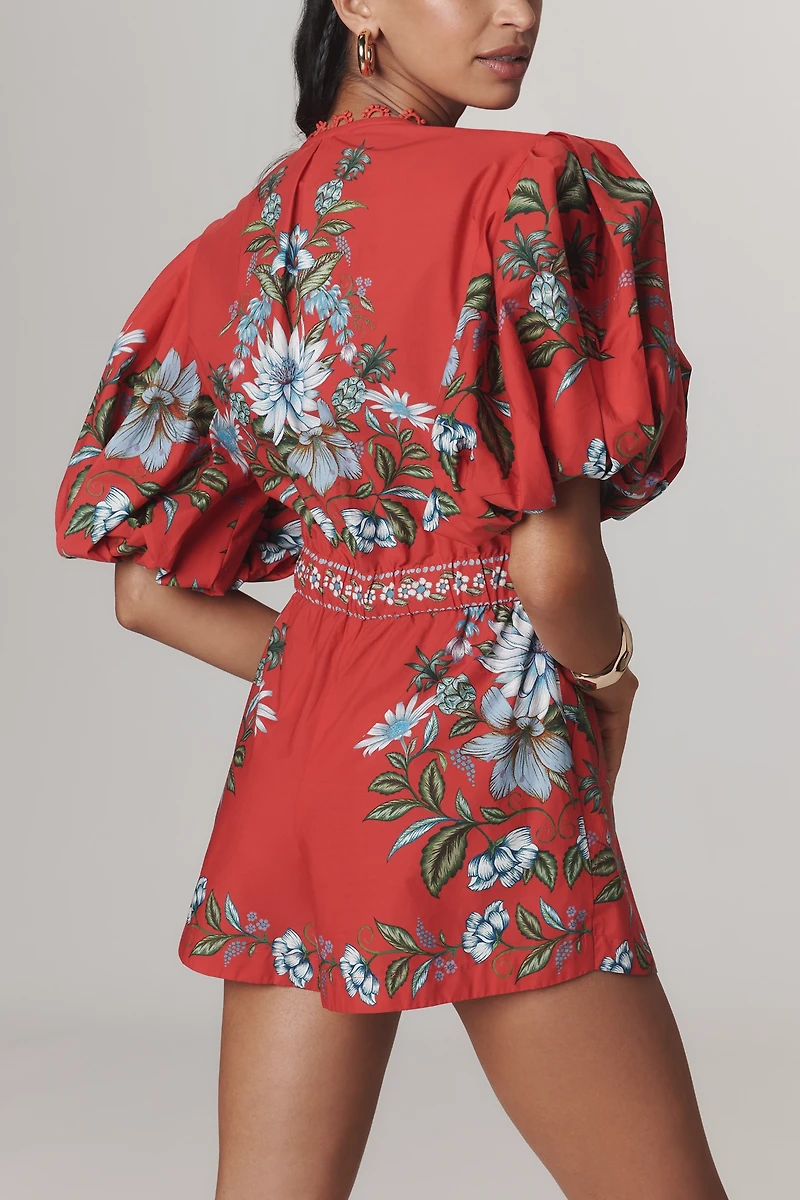 Farm Rio Sweet Bloom Bouquet Puff-Sleeve Romper