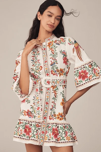 Farm Rio Delicate Forest Scarves Flared-Sleeve Mini Dress
