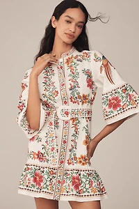 Farm Rio Delicate Forest Scarves Flared-Sleeve Mini Dress