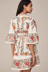 Farm Rio Delicate Forest Scarves Flared-Sleeve Mini Dress