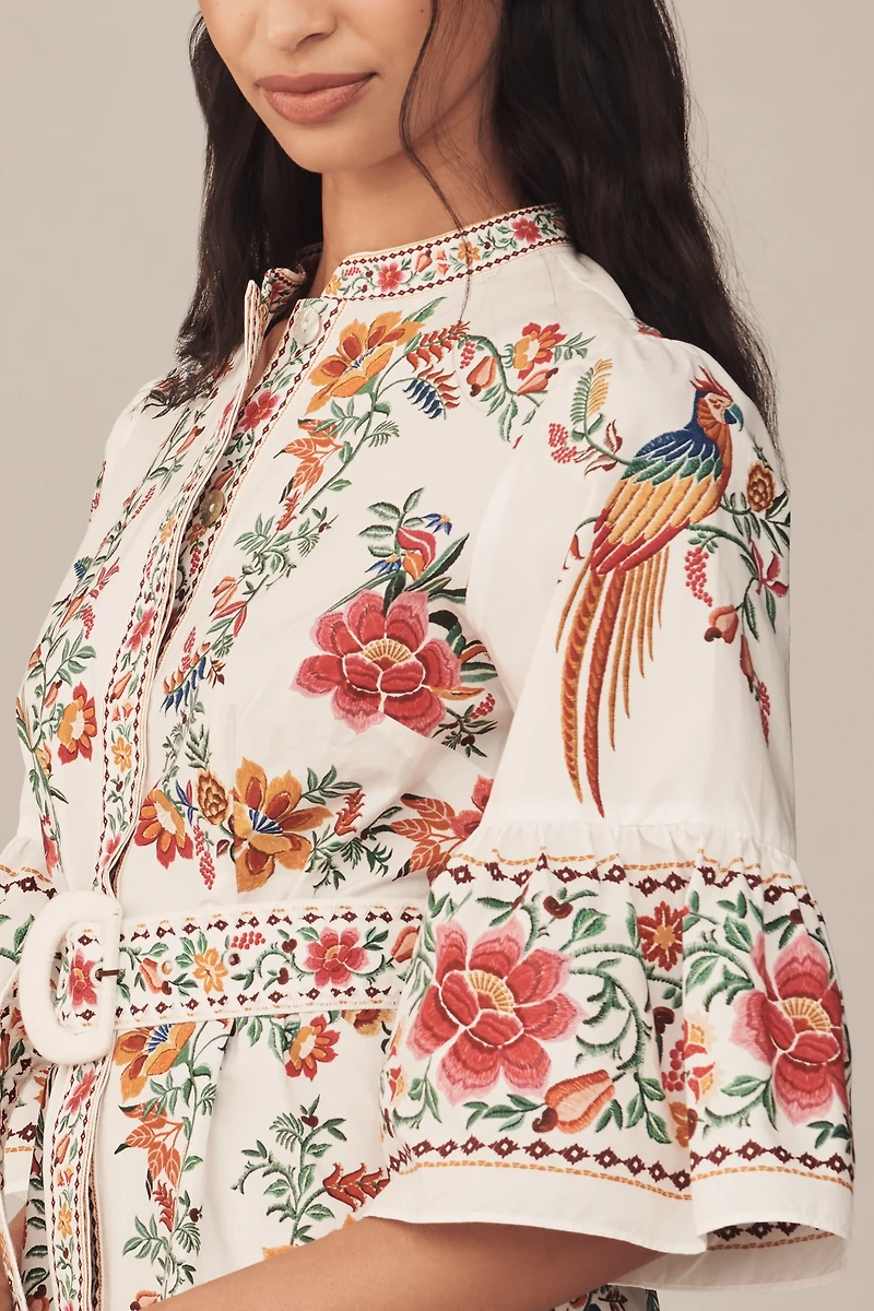Farm Rio Delicate Forest Scarves Flared-Sleeve Mini Dress