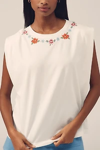 Farm Rio Embroidered Cross-Stitch Flowers Muscle Tee
