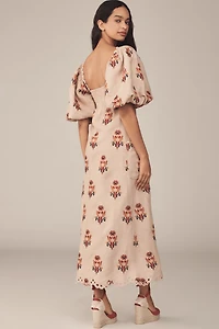 Farm Rio Puff-Sleeve Linen Embroidered Macaw Midi Dress