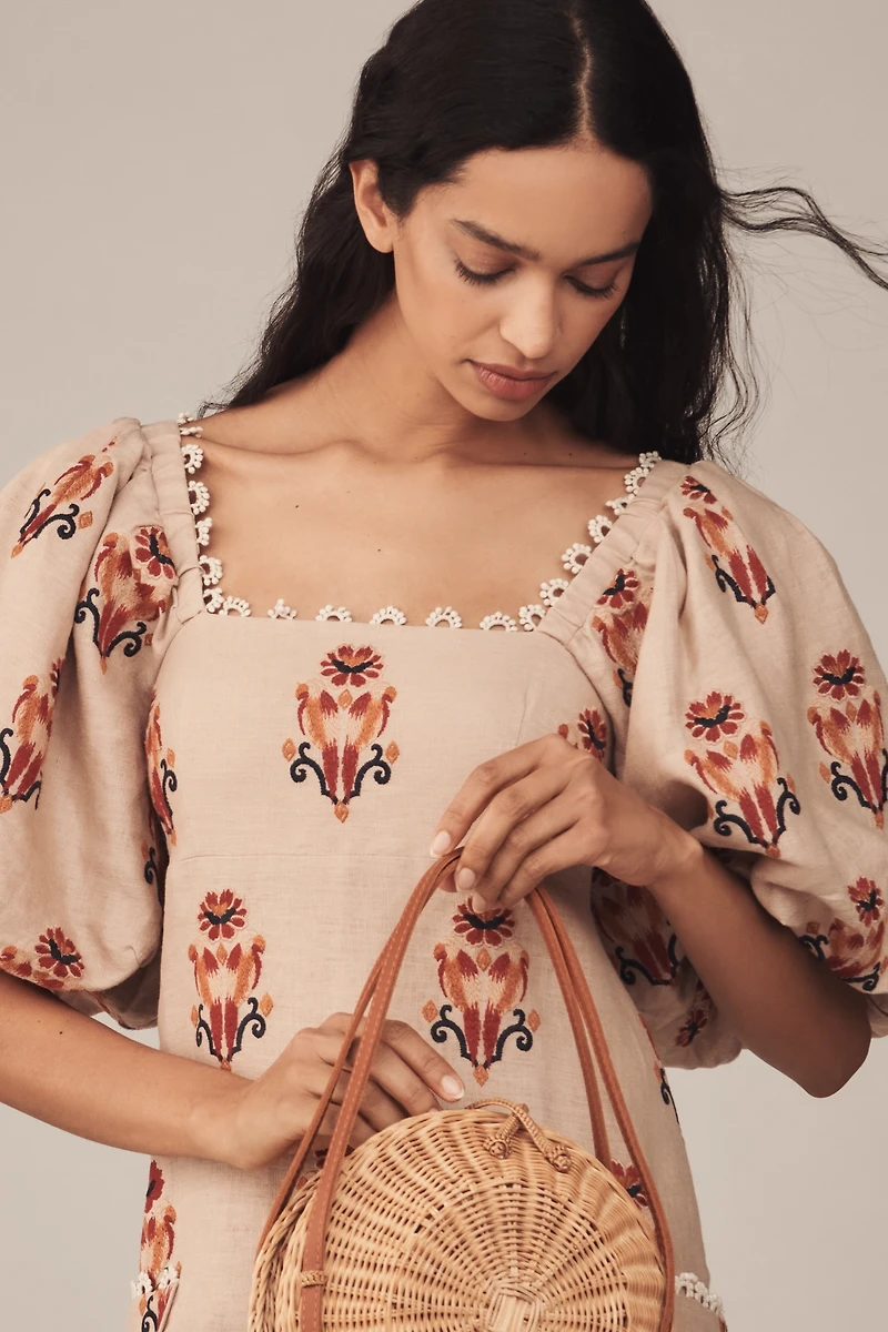 Farm Rio Puff-Sleeve Linen Embroidered Macaw Midi Dress