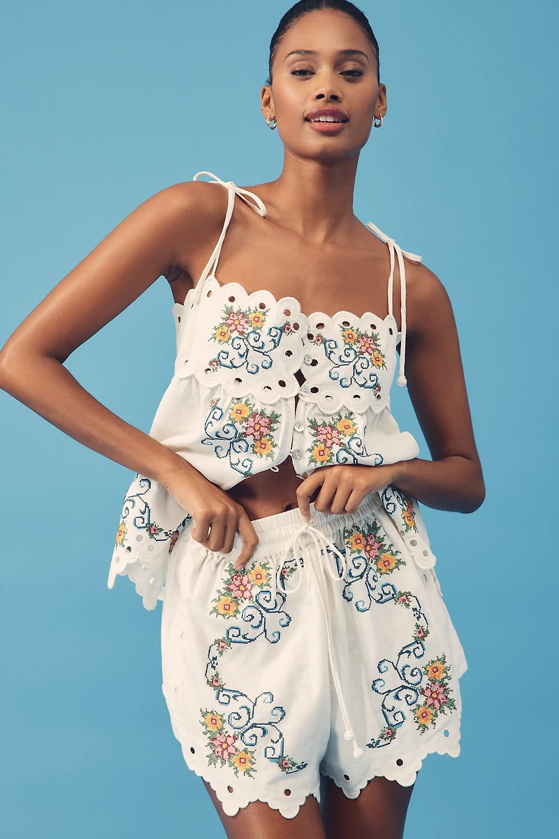 Farm Rio Grandma's Treasure Linen-Blend Pull-On Shorts