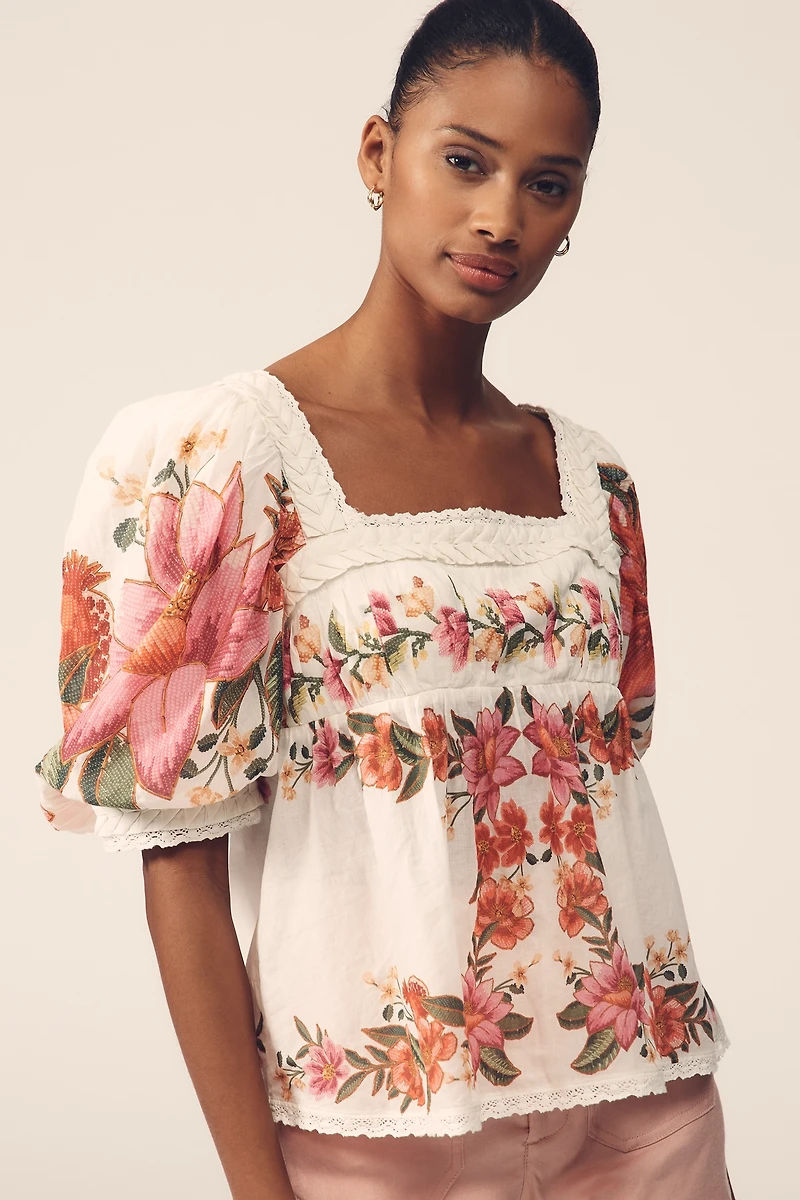 Farm Rio Summer Fruit Cotton Puff-Sleeve Square-Neck Blouse